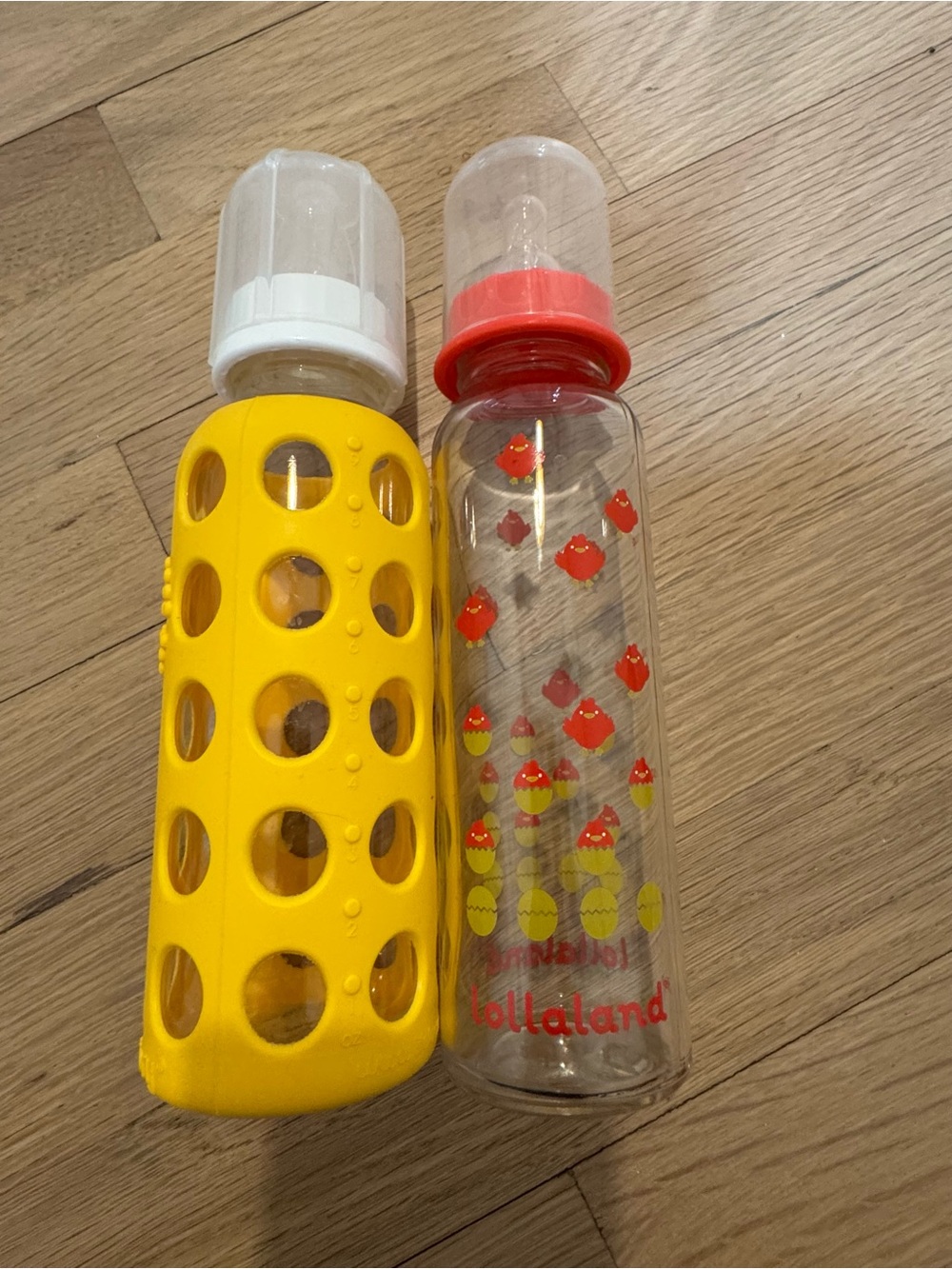 Yellow Silicone Sleeve Glass Baby Bottle + Clear Printed Glass Bottle - New
